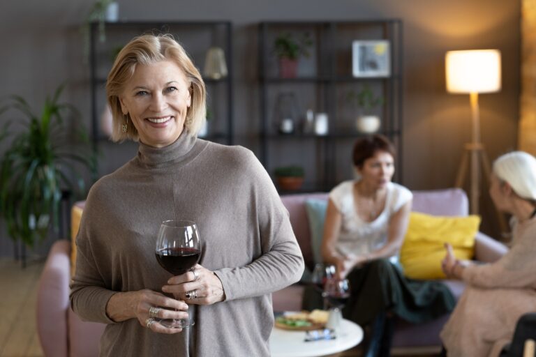 Mature woman with red wine at meeting